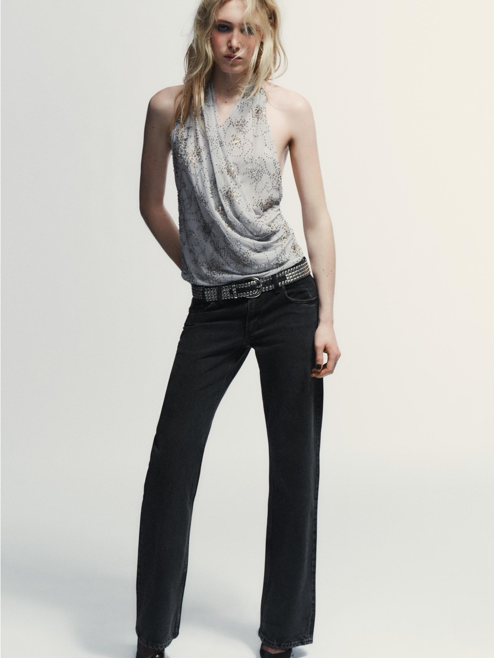 Zara Light Gray Draped Halter Top with Subtle Metallic Print